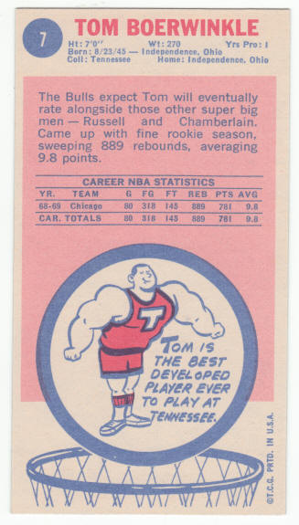 1969-70 Topps #7 Tom Boerwinkle rookie card back