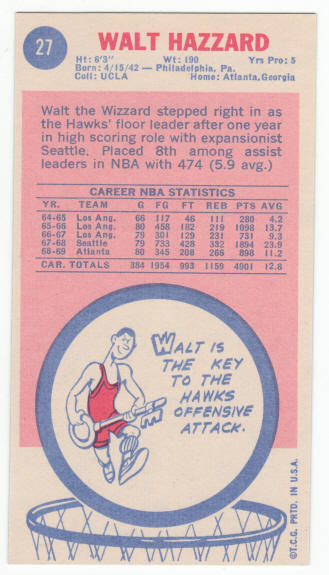 1969-70 Topps Walt Hazzard #27 Rookie Card back