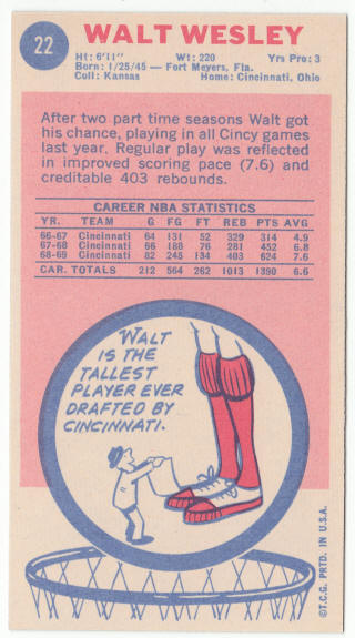 1969-70 Topps #22 Walt Wesley rookie card back