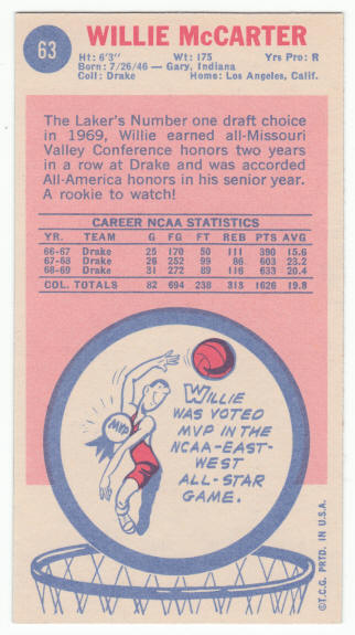 1969-70 Topps #63 Willie McCarter Rookie Card back