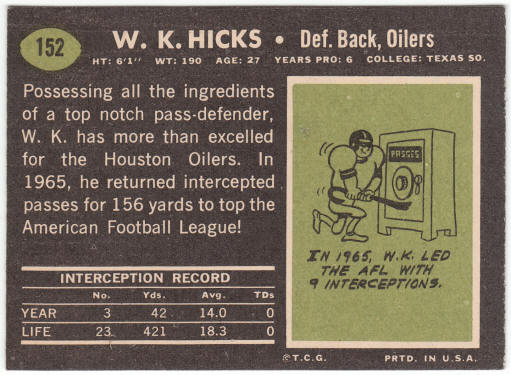 1969 Topps Football #152 W K Hicks