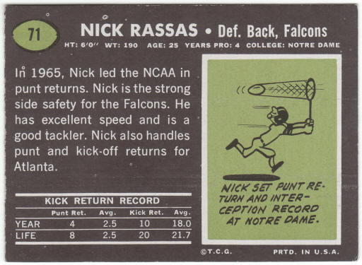 1969 Topps Football #71 Nick Rassas Rookie Card
