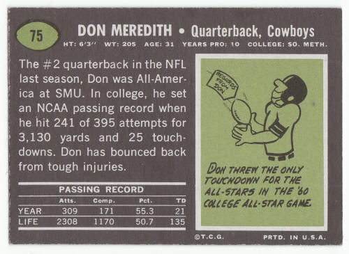1969 Topps Football #75 Don Meredith Card back