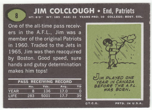 1969 Topps Football Jim Colclough #8 Card
