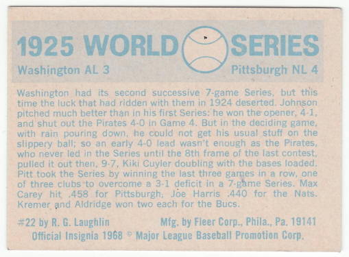 1970 Fleer 1925 World Series Card #22 Walter Johnson back