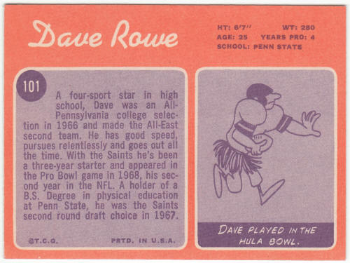 1970 Topps Football #101 Dave Rowe Rookie Card