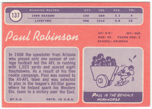 1970 Topps Football #137 Paul Robinson Rookie Card