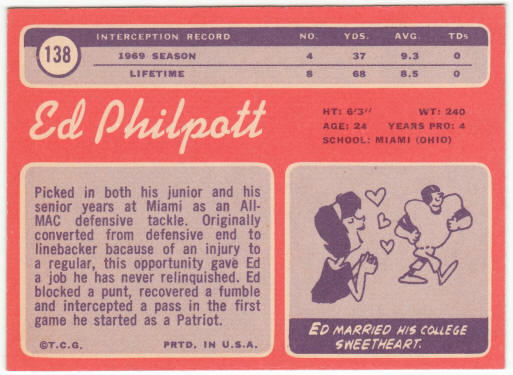 1970 Topps Football #138 Ed Philpott Rookie Card