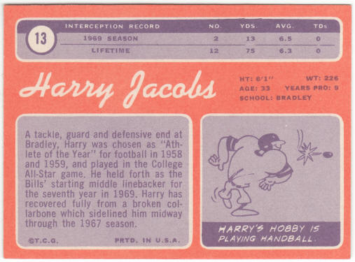 1970 Topps Football #13 Harry Jacobs