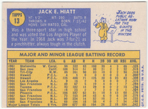 1970 Topps Baseball #13 Jack Hiatt