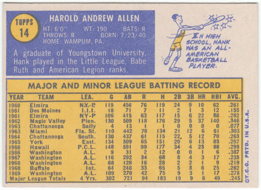 1970 Topps Baseball #14 Hank Allen