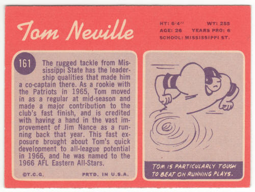 1970 Topps Football #161 Tom Neville Rookie Card back