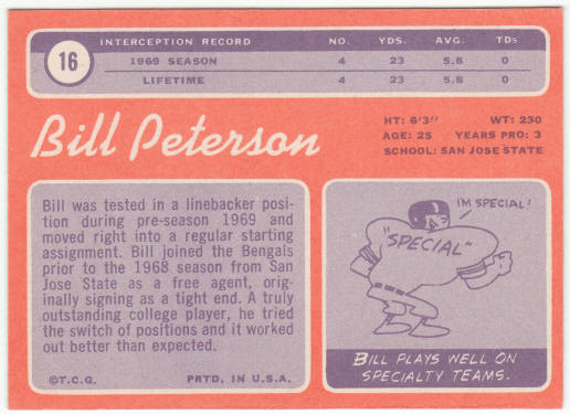1970 Topps Football #16 Bill Peterson Rookie Card
