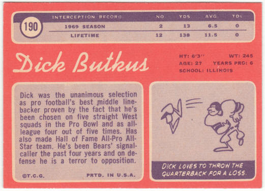 1970 Topps Football #190 Dick Butkus back