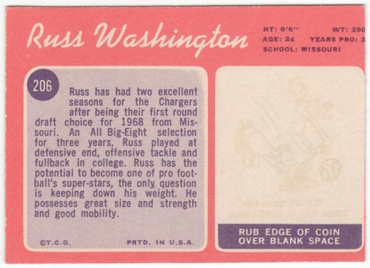 1970 Topps Football #206 Russ Washington Rookie Card