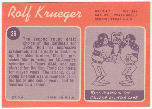 1970 Topps Football #26 Rolf Krueger Rookie Card