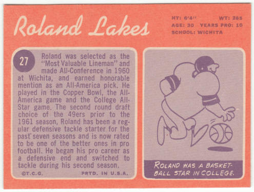 1970 Topps Football #27 Roland Lakes
