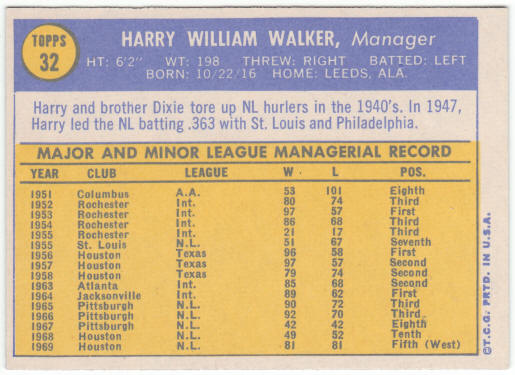 1970 Topps Baseball #32 Harry Walker Manager