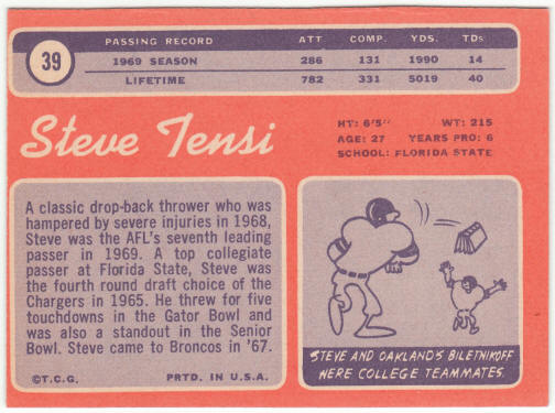 1970 Topps Football #39 Steve Tensi