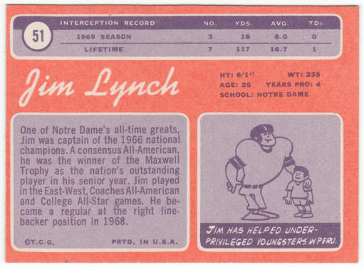 1970 Topps Football #51 Jim Lynch Rookie Card