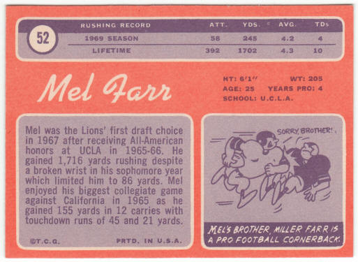 1970 Topps Football #52 Mel Farr Rookie Card