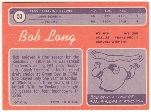 1970 Topps Football #53 Bob Long Rookie Card