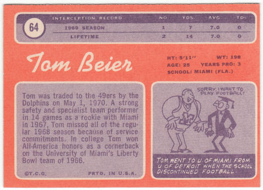 1970 Topps Football #64 Tom Beier Rookie Card
