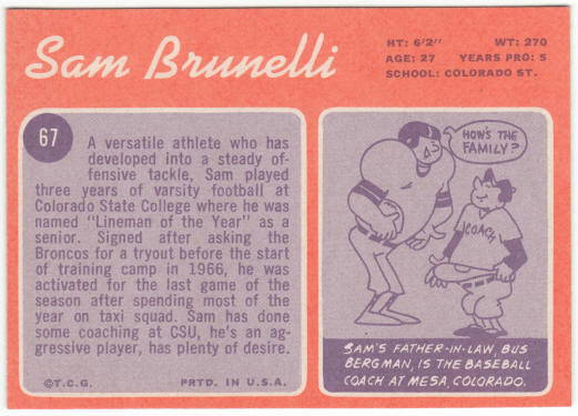 1970 Topps Football #67 Sam Brunelli Rookie Card
