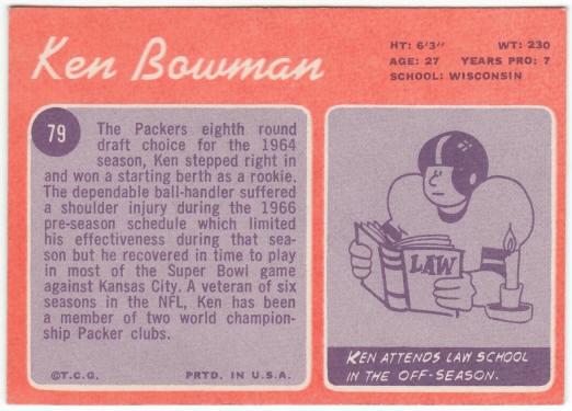 1970 Topps Football #79 Ken Bowman Rookie Card
