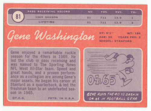1970 Topps Football #81 Gene Washington Rookie Card back