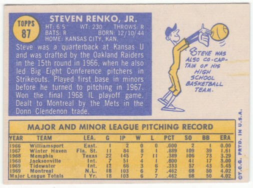 1970 Topps Baseball #87 Steve Renko Rookie Card