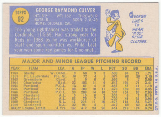 1970 Topps Baseball #92 George Culver
