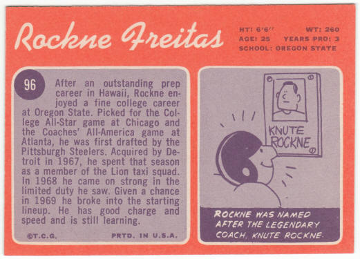 1970 Topps Football #96 Rockne Freitas Rookie Card