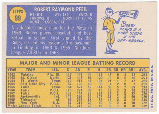 1970 Topps Baseball #99 Bobby Pfeil Rookie Card