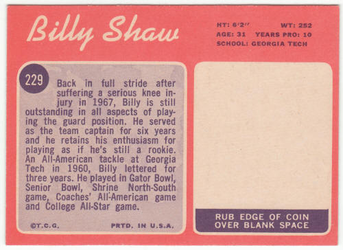 1970 Topps Football #229 Billy Shaw back