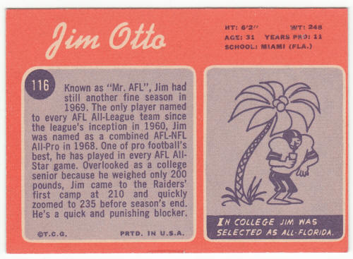 1970 Topps Football #116 Jim Otto back