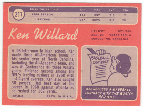 1970 Topps Football #217 Ken Willard back