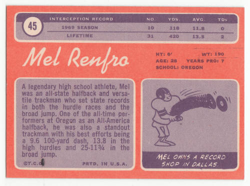 1970 Topps #45 Mel Renfro Football Card back