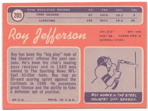 1970 Topps Football #205 Roy Jefferson back