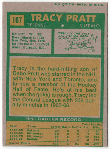1971-72 Topps Hockey #107 Tracy Pratt