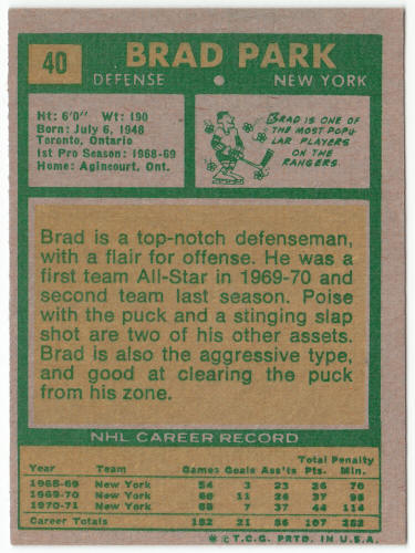 1971-72 Topps #40 Brad Park back