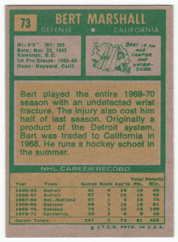 1971-72 Topps Hockey #73 Bert Marshall