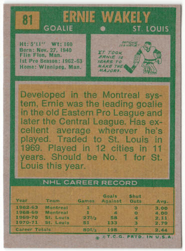 1971-72 Topps Hockey #81 Ernie Wakely