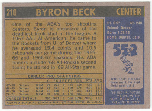1971-72 Topps Basketball #210 Byron Beck rookie back