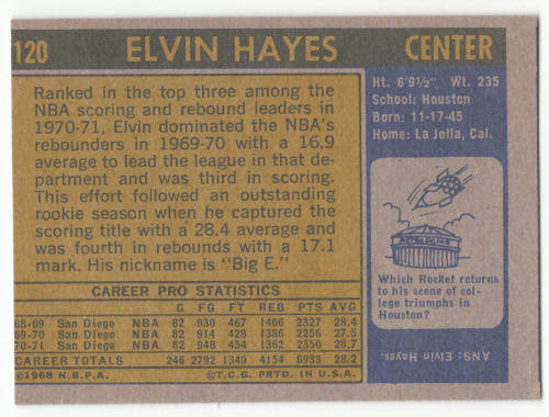 1971-72 Topps Basketball Elvin Hayes #120 back