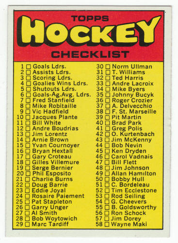1971-72 Topps Hockey Card Checklist #111 Unchecked front