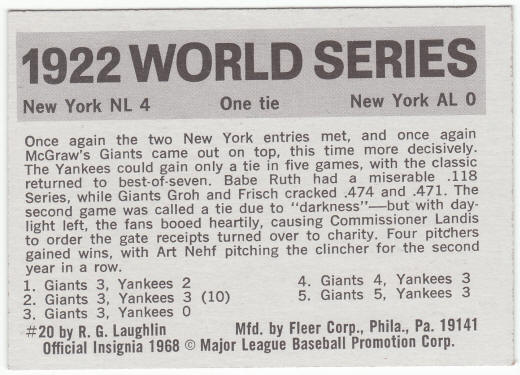 1971 Fleer 1922 World Series Card #20 Art Nehf back