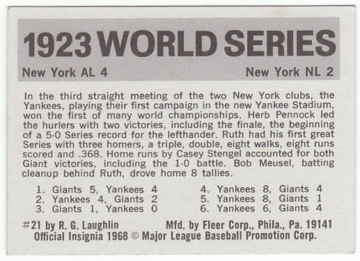 1971 Fleer 1923 World Series Card #21 Herb Pennock back