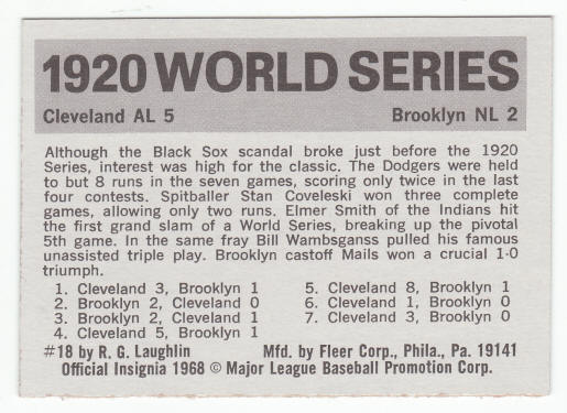 1971 Fleer 1920 World Series Card #18 Elmer Smith back