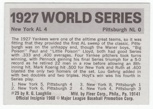 1971 Fleer 1927 World Series Card #25 Babe Ruth Lou Gehrig back